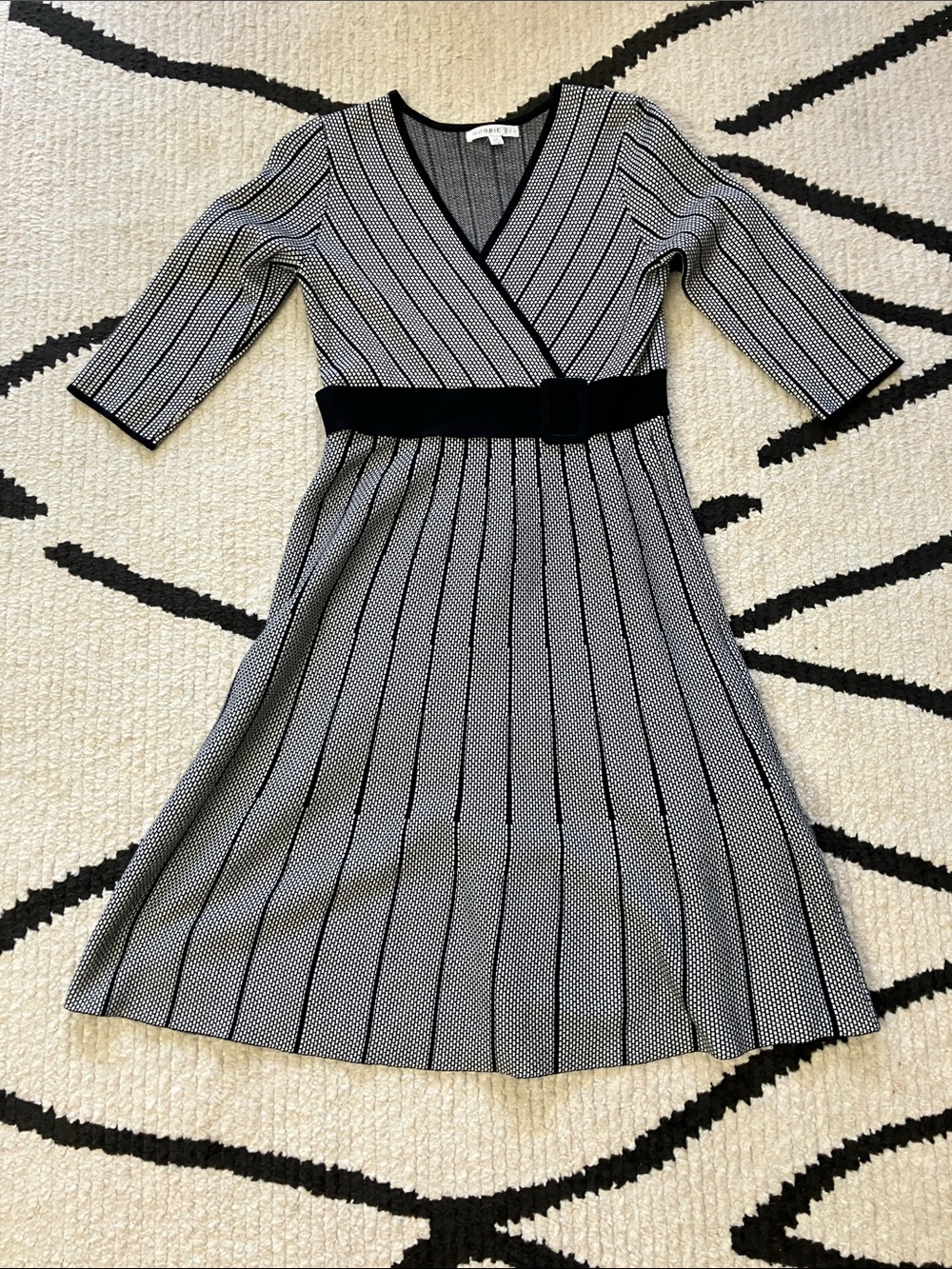 Robbie Bee Black and White Striped Wrap-Style Midi Dress